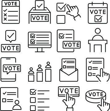 Voting icon set. Includes of election, ballot, vote, democracy, voting box, and More. Outline icons vector collection