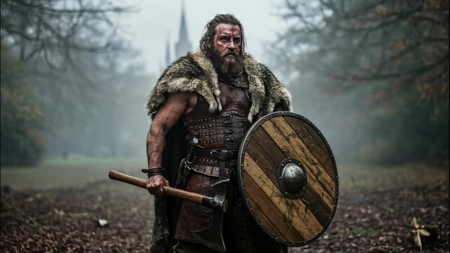 AI-generated of a medieval Saxon warrior holding a battle axe and shield, standing alone in a forest