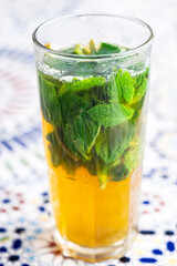 glass of typical Moroccan mint tea, Café Hafa, Tangier, Morocco, North Africa