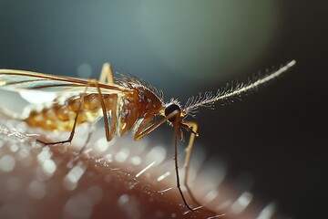 A close-up of a mosquito on skin, highlighting its tiny wings and long legs as it delicately and smugly sips