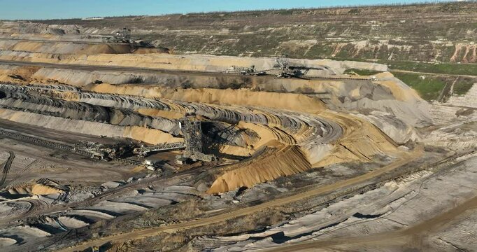Aerial view of the open pit lignite mines of Hambach in Rhineland-Palatinate, Germany on a sunny day