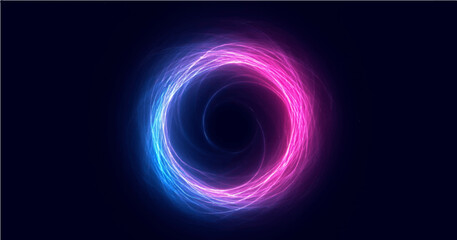 Abstract technology cyberspace concept blue and pink neon colors light swirl lines circle shape on dark background. Vector illustration