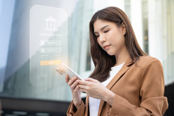 Asian business woman utilizing phone for digital remote work in urban setting
