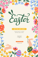 Easter background for sale promotions, social media, greeting cards, posters, holiday covers. Trendy design with typography, hand drawn flowers, eggs and bunny, in vibrant colors. Vector illustration.
