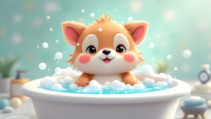 Fototapeta premium Cute cartoon character taking a bath