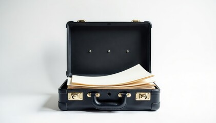Locked briefcase, papers inside, white backdrop, enigma, secrecy, security