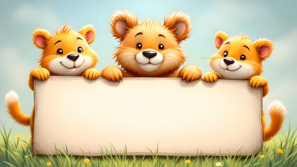 Naklejka premium Cute cartoon characters holding blank banner