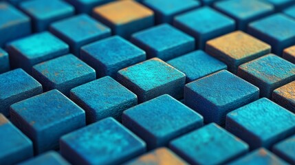 Fototapeta premium Frosted glass shapes are arranged on a blue surface in this futuristic tech concept, which includes copy space and was created using 3D rendering techniques