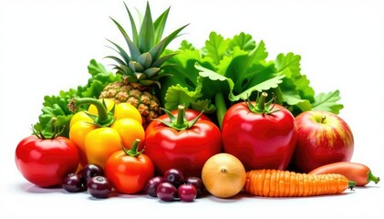 Variety of organic fruits and vegetables isolated on white, farm, vitamin