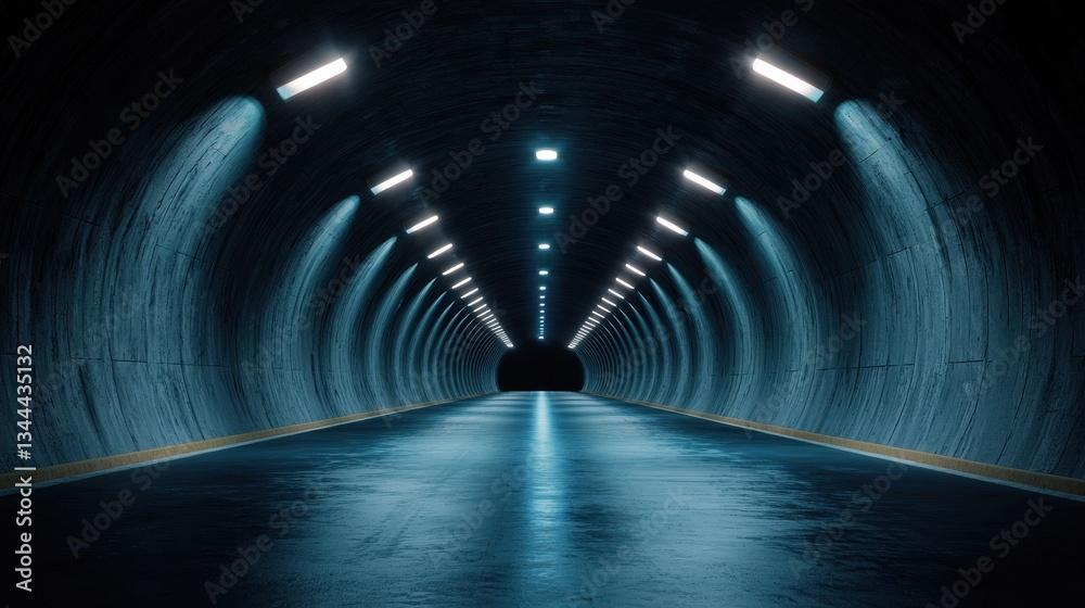 Poster a long tunnel with lights shining down on it