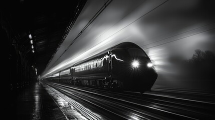 Fototapeta premium High-speed train rushing through a misty station at night, showcasing motion blur