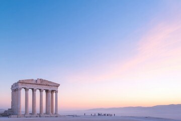 capture wide-angle shot of iconic historical site at sunrise emphasizing contrast between ancient architecture and
