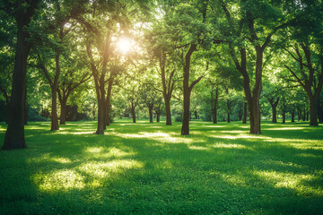 Obraz premium Sunlit Forest with Green Foliage – Serene Nature Background, AI GENERATIVE 