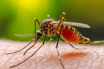 A close-up of a mosquito on skin, highlighting its tiny wings and long legs as it delicately and smugly sips