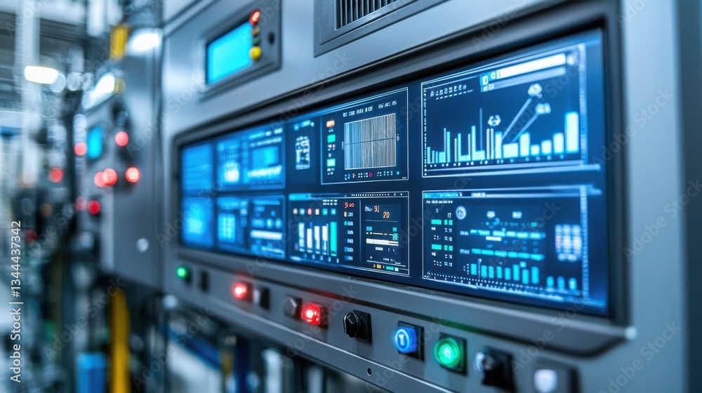 Poster control panel filled with buttons highlighting the sophistication of 5g-powered smart factory automa