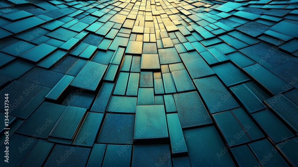 Poster transparent blocks are arranged on a blue surface in a futuristic tech concept, featuring space for 