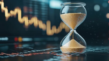 Hourglass on financial chart with blurred stock market background.