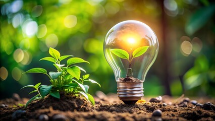 Symbolic Lightbulb Growing a Plant, Representing Sustainability