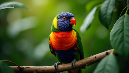 Obraz premium A vibrant rainbow lorikeet perched on a branch with a lush green background