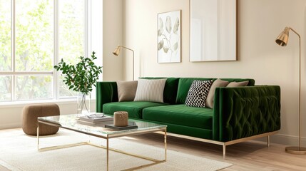 Modern eclectic living room, soft cream walls, bold green sofa, glass coffee table, spot lighting, bright daylight