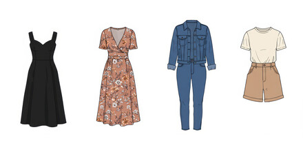 Assorted Women's Fashion Outfits with Dresses, Denim, and Casual Separates
