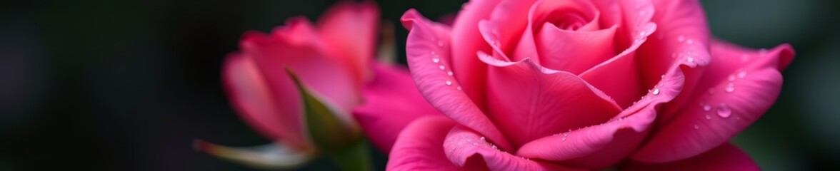 Close-up shot of vibrant pink rose with dewdrops on petals, bloom, delicate