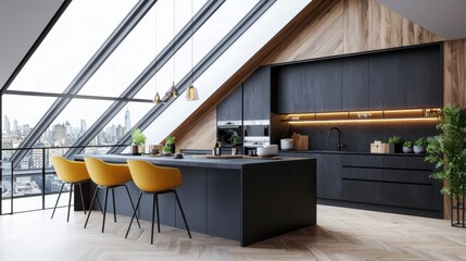 Modern rustic attic loft kitchen, vibrant chairs, oversized dark gray kitchen island, built in LED panels, panoramic skylight city view