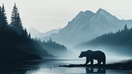 Moody abstract landscape of silhouetted bear near blue-gray mountains minimalist nature scene serene reflection