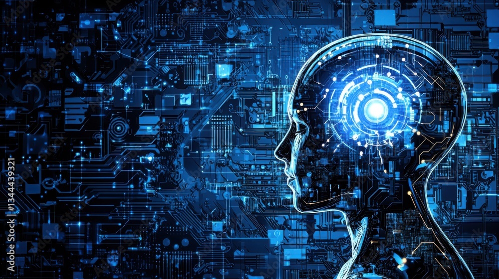 Poster human head with circuitry in the background symbolizing the integration of technology and advanced m