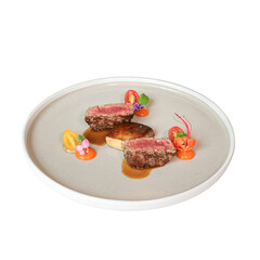 Gourmet beef dish fine dining restaurant culinary art indoor close-up flavorful presentation