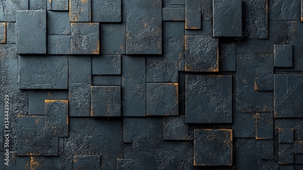 Poster the image features 3d black mosaic tiles arranged as a wall, complemented by a background of rectang
