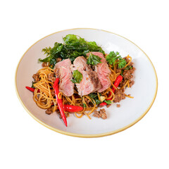 Culinary art close-up of spicy beef noodles with greens
