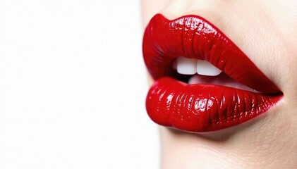 Obraz premium Intensely pigmented red lips against stark white, gloss, lips