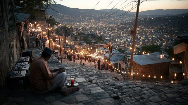 Man Sitting on Steps Overlooking Night City