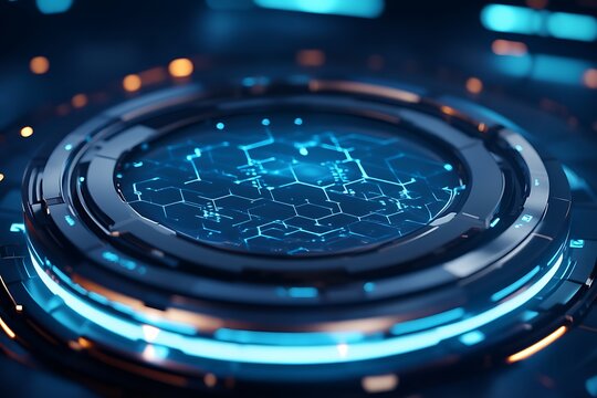 Futuristic medical technology interface, holographic medical icons, hexagonal design elements, blue digital background, glowing circular platform, 3D grid structure, sci-fi healthcare concept, high-te