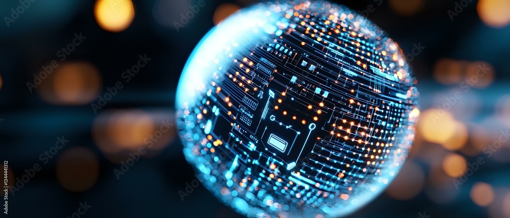 Poster glowing digital sphere with circuit board pattern and blue technology elements on dark background wi
