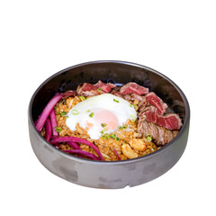 Indoor photography of beef fried rice bowl with egg - culinary delight