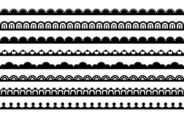 Scallop lace border. Fabric frill edge with pattern. Ribbon braid with ornament. Set of vector elements isolated on white background.