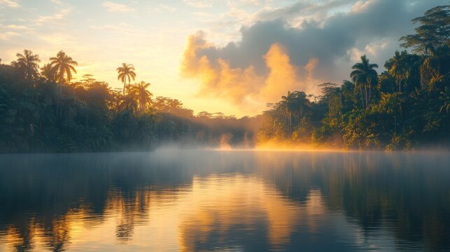 Sunrise over a misty tropical river, reflecting the golden light.