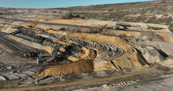 Drone shot of the open pit lignite mines of Hambach on asunny day in Rhineland-Palatinate, Germany