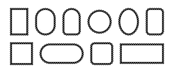 Lace frame with scallop edge. Borders with pattern for photo frames. Ornaments of square, round and rectangular shapes. Set of vector elements isolated on white background.