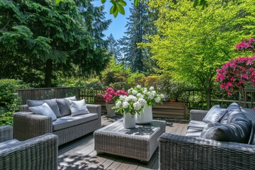 Fototapeta premium Sunny deck furnished with wicker furniture, surrounded by lush greenery and blooming flowers. Perfect for relaxation