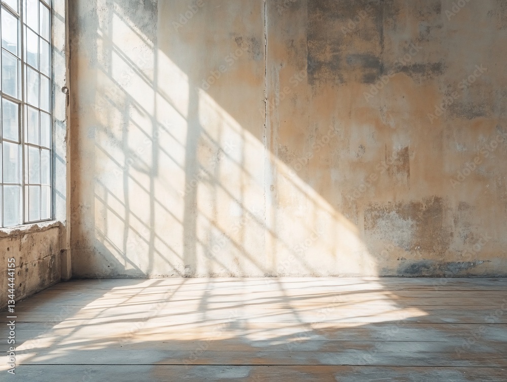 Poster Sunlit empty room with distressed walls and large window, showing sunlight beams across the floor.