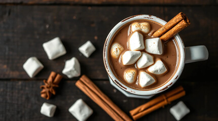 Rustic hot chocolate with marshmallows and cinnamon sticks on wooden table