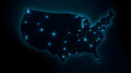 Map of the United States illuminated with blue lights indicating city locations at night.