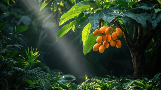 Sunlit Jocote tree laden with ripe orange fruits in lush tropical foliage.