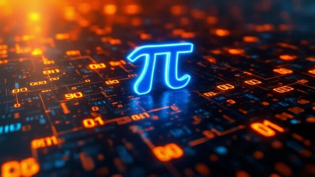 Pi Symbol in Digital World: A glowing pi symbol shines amidst an abstract, tech-inspired background, representing mathematical concepts and data processing