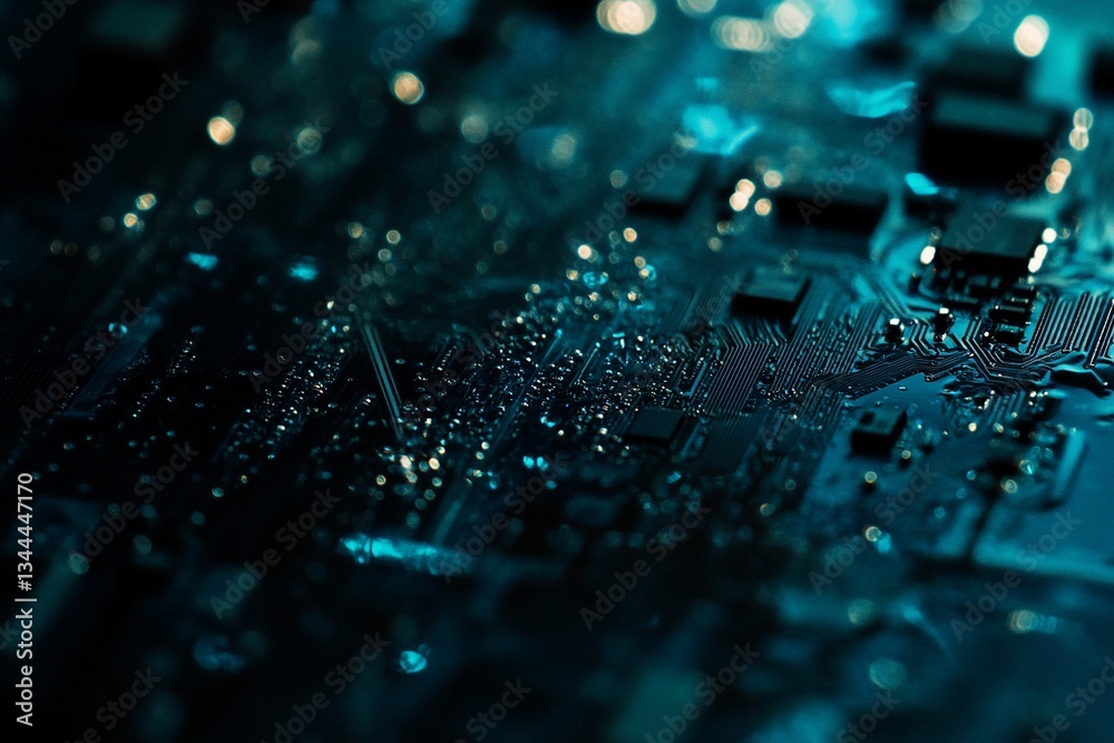 Aufkleber Close-up of a circuit board with intricate details and glowing components.