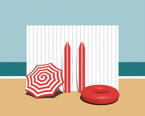 Red and white striped beach umbrella, surfboards, and inflatable ring on sandy beach with white backdrop.  Summer vacation scene, ideal for travel or holiday advertising