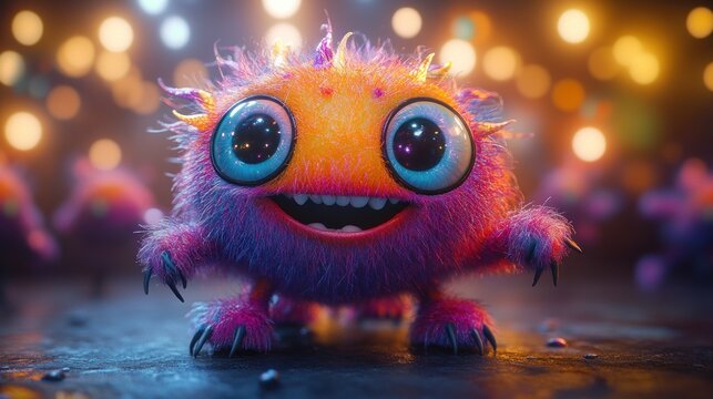 Cute fluffy monster with big eyes smiles in a bokeh background.